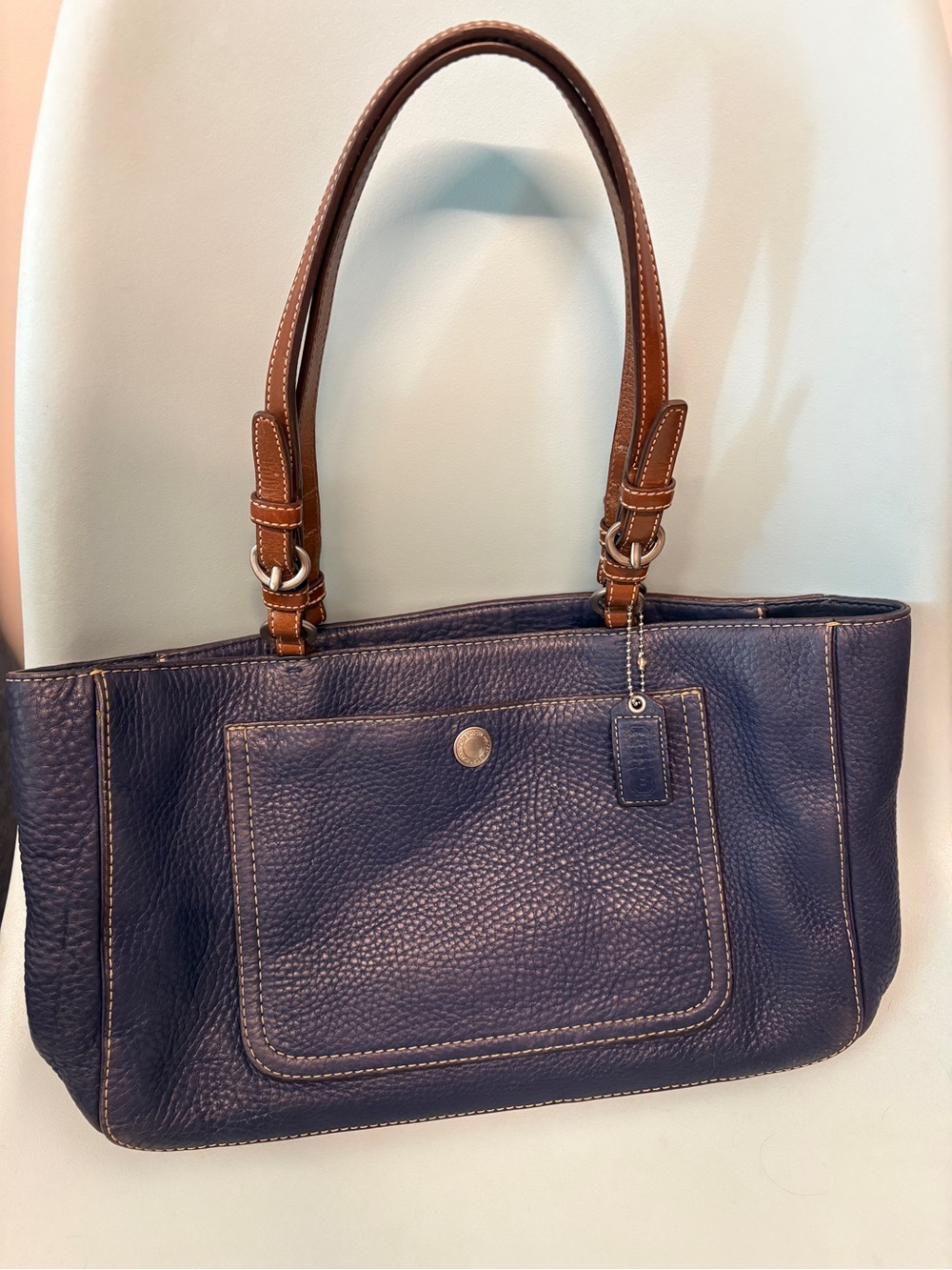 Vintage Coach Navy Pebbled Leather Shoulder Tote